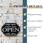 Rustic Wooden Store Open and Closed Business Sign Two Sided Reversible Come In We're Open or Closed Store Hanging Sign for Coffee Bar Shop Door Window, 11.8 x 7.8 Inch (White Boards, Black Words)