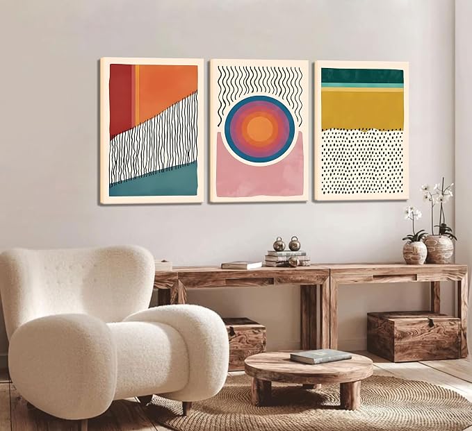 Framed Boho Wall Art Set of 3, Mid-Century Modern Wall Prints Framed Canvas Paintings Abstract Geometric Beige Orange Moon Plant Desert Nature Illustrations Artwork, Minimalist Boho Wall Decor for