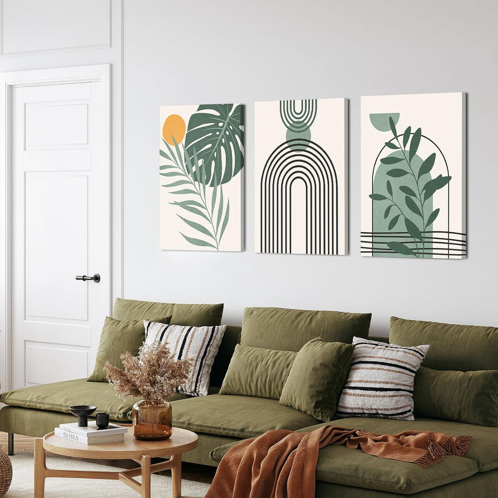 Boho Wall Art Set of 3 Mid Century Modern Wall Decor Abstract Geometric Prints Black Green Plant Sun Natural Framed Canvas Prints Artwork Ready To Hang for Living Room Bathroom Bedroom 12x16inch