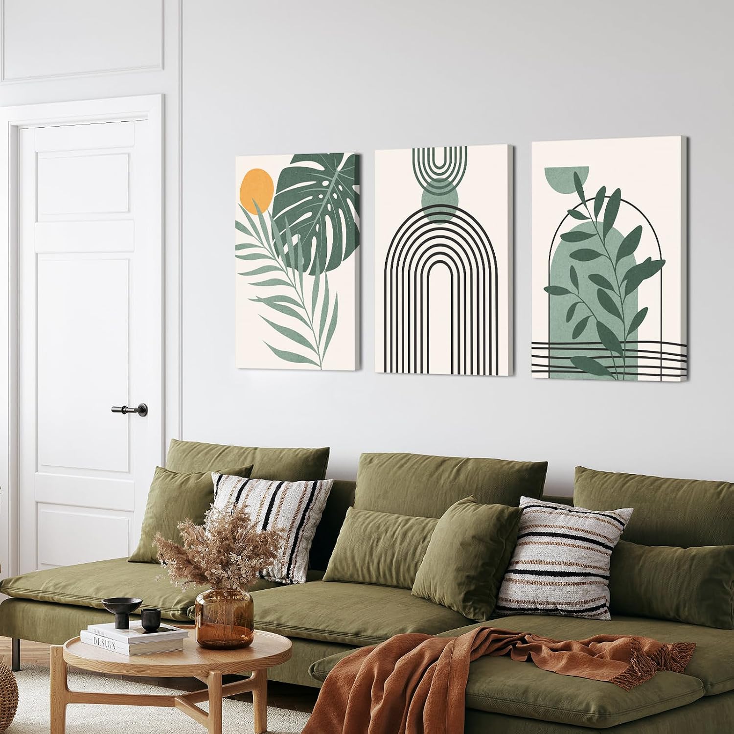 Boho Wall Art Set of 3 Mid Century Modern Wall Decor Abstract Geometric Prints Black Green Plant Sun Natural Framed Canvas Prints Artwork Ready To Hang for Living Room Bathroom Bedroom 12x16inch