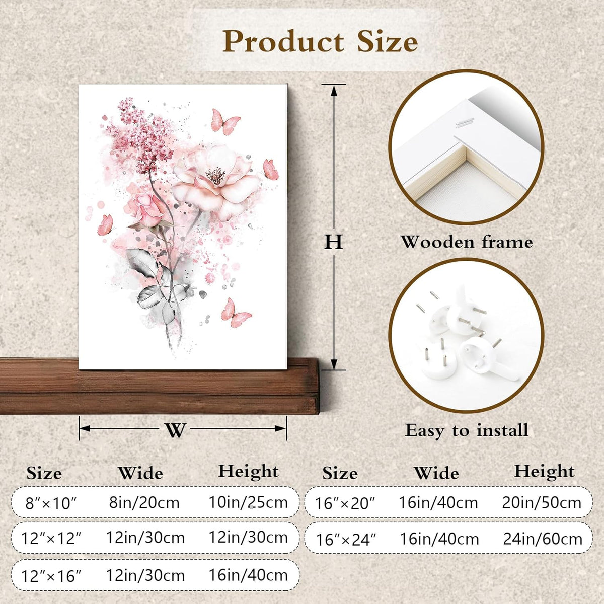 LB Pink Flower Wall Art Pink Butterfly Grey Leaf Canvas Wall Art for Bedroom Fantasy Floral Painting Wood Framed Prints Wall Decor for Living Room Bathroom,16x20 inches