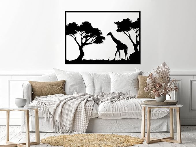 Wooden Wall Art Panel with Giraffe Design, 60x80cm, Black
