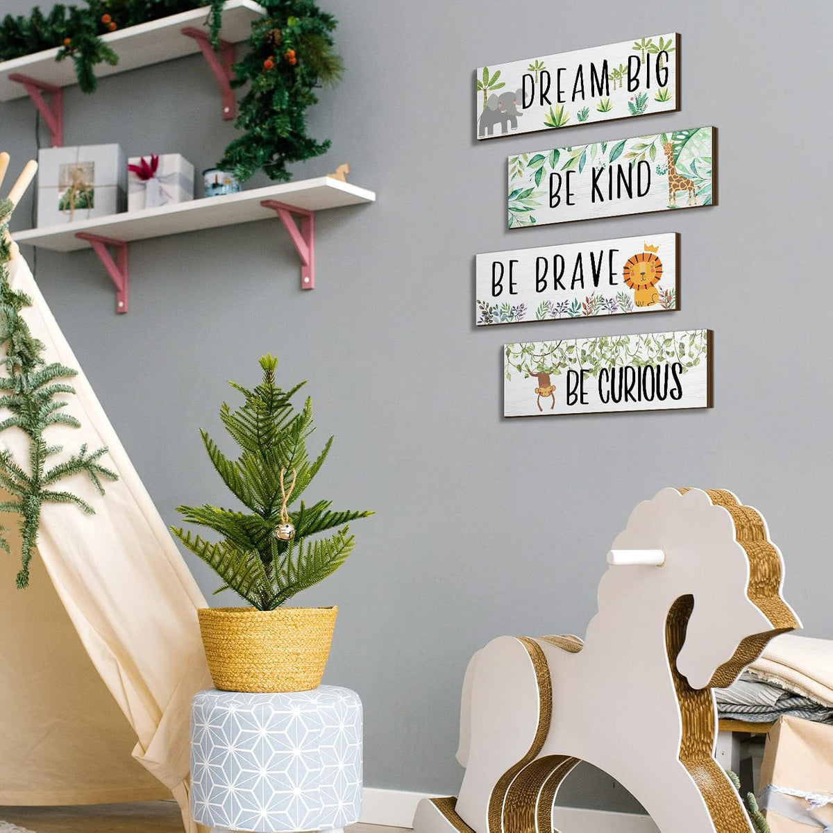 4 Woodland Safari Animal Room Decor for Baby Boy Bedroom - Cute Jungle Nursery Decorations, Toddler Room 11x3.9 Inches (White Background, Lively Animals)