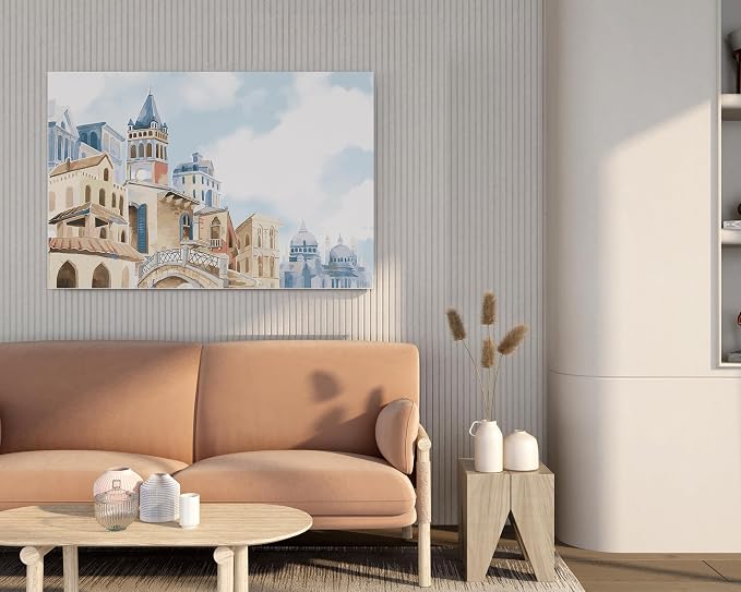 wall art, on canvas, printed with a Mediterranean city scene, 60x40 cm, blue
