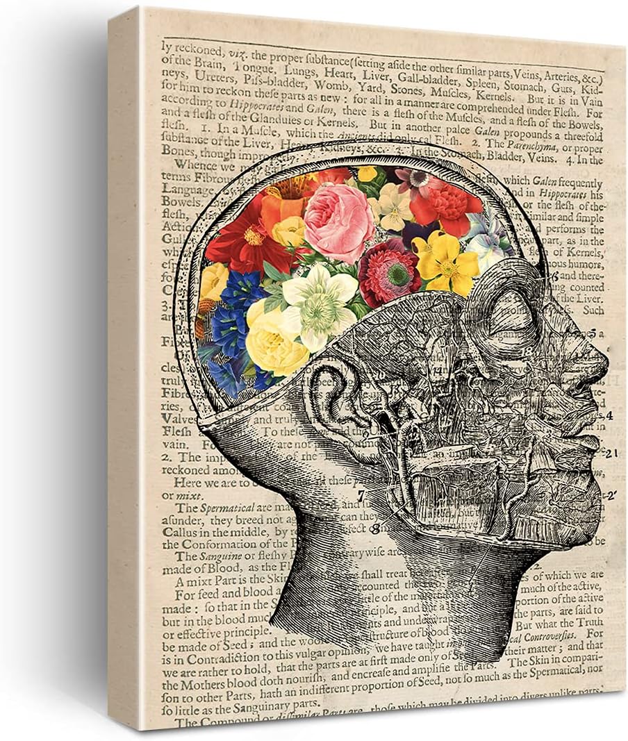 Vintage Human Anatomy Poster - Anatomy Canvas Wall Art Anatomical Brain Floral Canvas Print Painting Ready to Hang Gifts for Home/Office/Medical School Decor - Easel & Hanging Hook 12x15 Inch