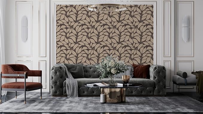 Seamless fabric wallpaper with a vintage leaf design, up to 4.2m x 3m, with an adhesive and smoothing tool from
