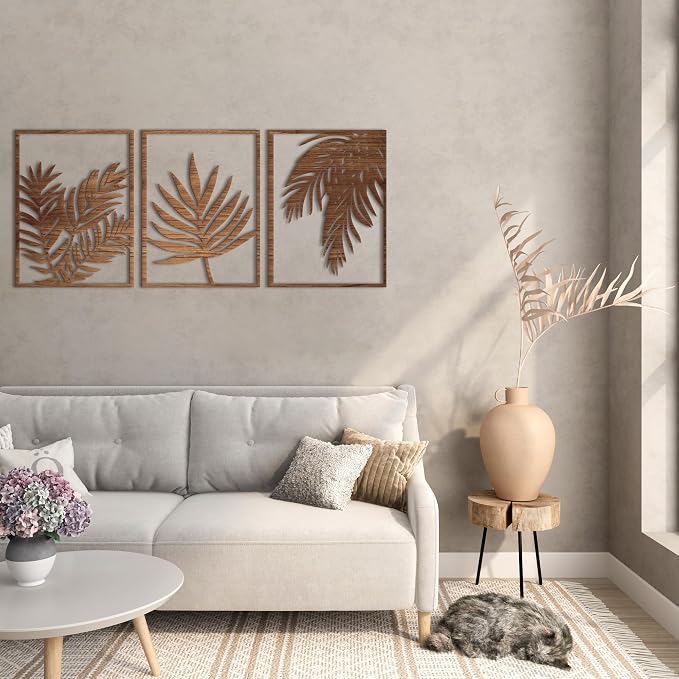 wall art, wooden living room panel with a tropical leaf design, brown color, 60 x 40 cm, set of 3 pieces