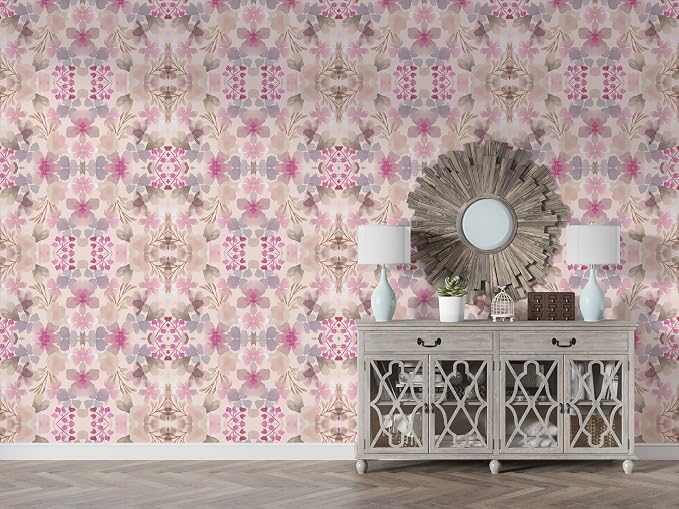 Grunge peony floral fabric wallpaper with vintage geometric patterns, covering an area - up to 4.2m x 3m, with adhesive and smoothing tool.