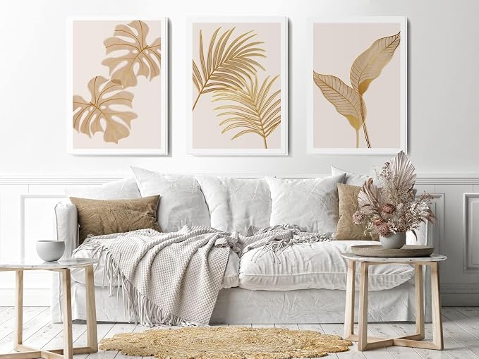 Canvas wall art, framed abstract portrait of golden leaves, 60 x 40 cm, beige