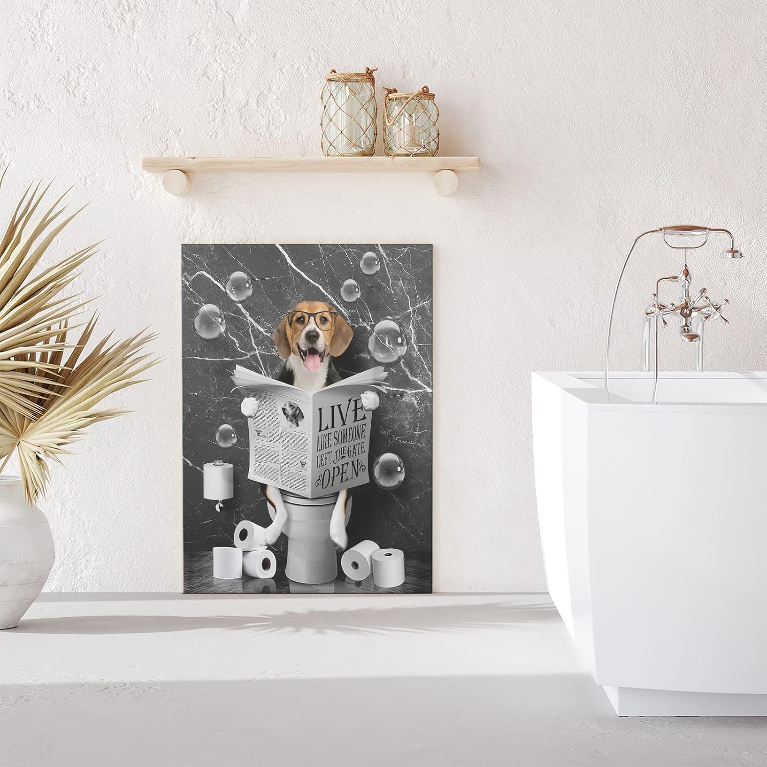 Kateflower Beagle Dog Sitting in Toilet Bathroom Decor Wall Art Funny Beagle Pictures Black and White Bathroom Wall Decor Farmhouse Dogs Painting for Toilet Bathroom Animals Artwork Framed 12"x16"