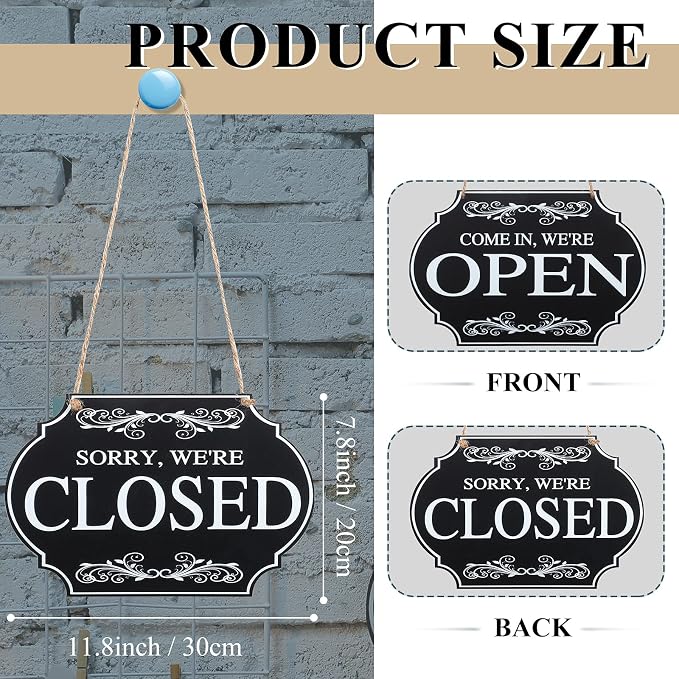 Rustic Wooden Store Open and Closed Business Sign Two Sided Reversible Come In We're Open or Closed Store Hanging Sign for Coffee Bar Shop Door Window, 11.8 x 7.8 Inch (White Boards, Black Words)