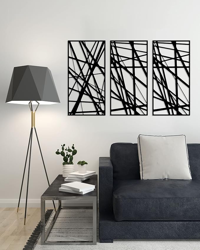 Abstract linear wooden wall art , 3 panels, 80 x 130 cm, black