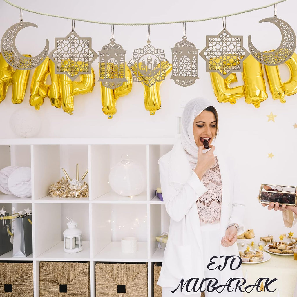 PopManko Ramadan Decorations - Wooden Pendant Eid Mubarak Hanging Moon Star Wind Light Castle Shape Ornament