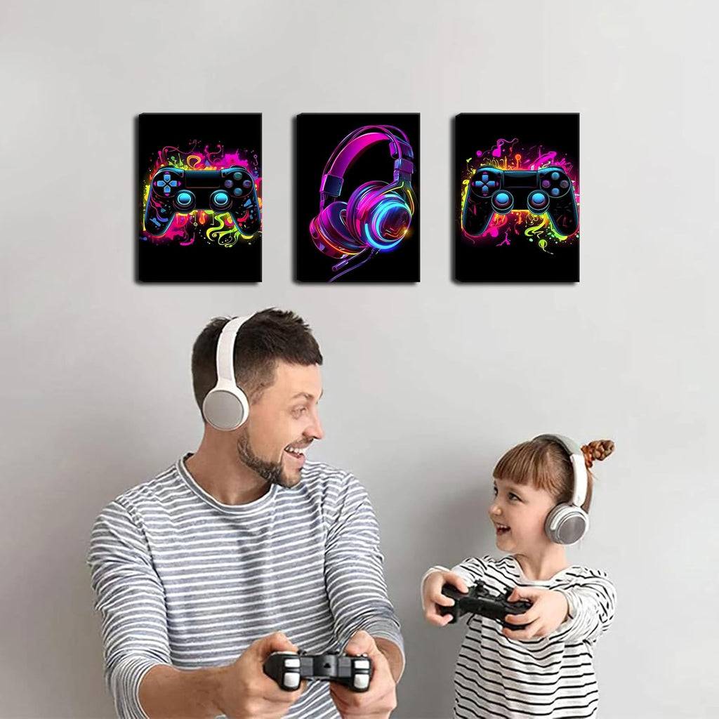 BGFCE Game Room Decor Set of 3, Neon Gaming Video Game Room Wall Art, Gaming Canvas Paintings Posters Prints for Teen Boys Room Children Teen Wall Decor Framed 12x16 in