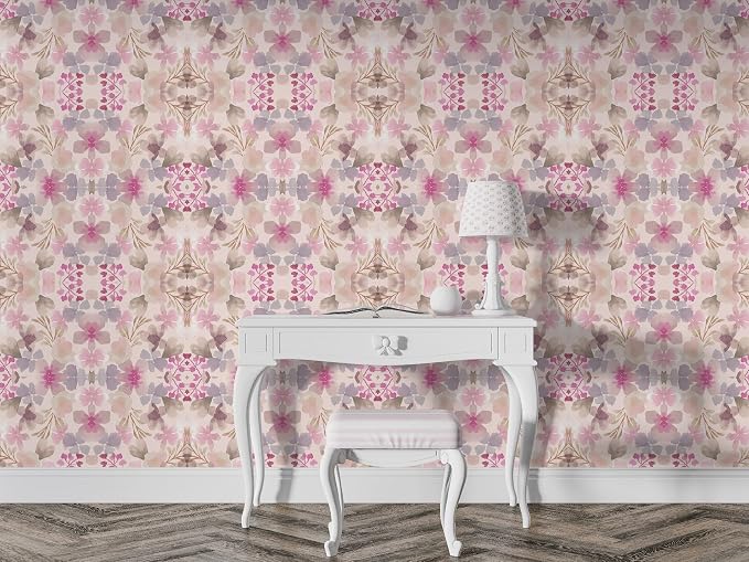 Grunge peony floral fabric wallpaper with vintage geometric patterns, covering an area - up to 4.2m x 3m, with adhesive and smoothing tool.