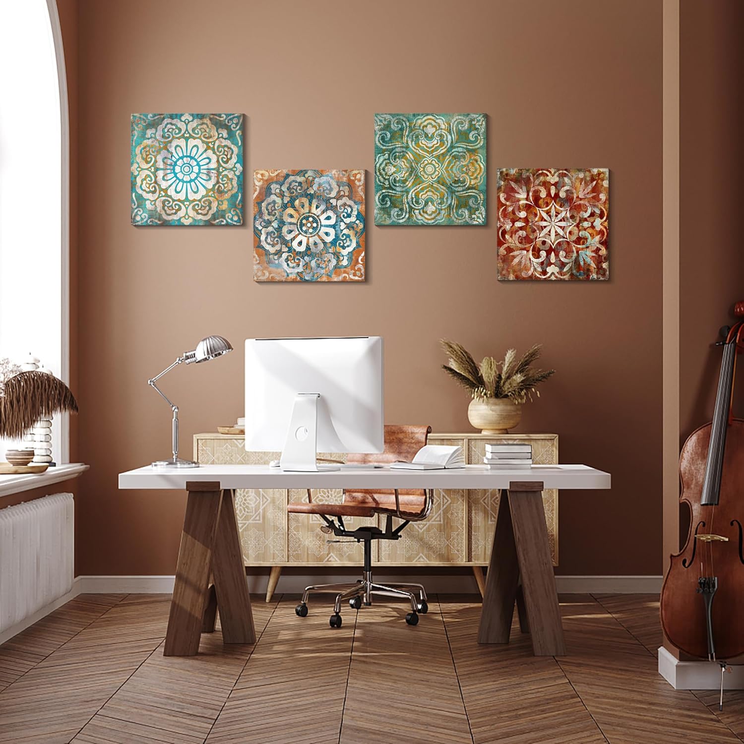 Mofutinpo Wall Art Vintage Flowers Pattern Canvas Prints Pictures for Bedroom Wall Decor 14x14 inches 4 Pieces Artwork Ready to Hang for Home Bathroom Kitchen Office Decoration