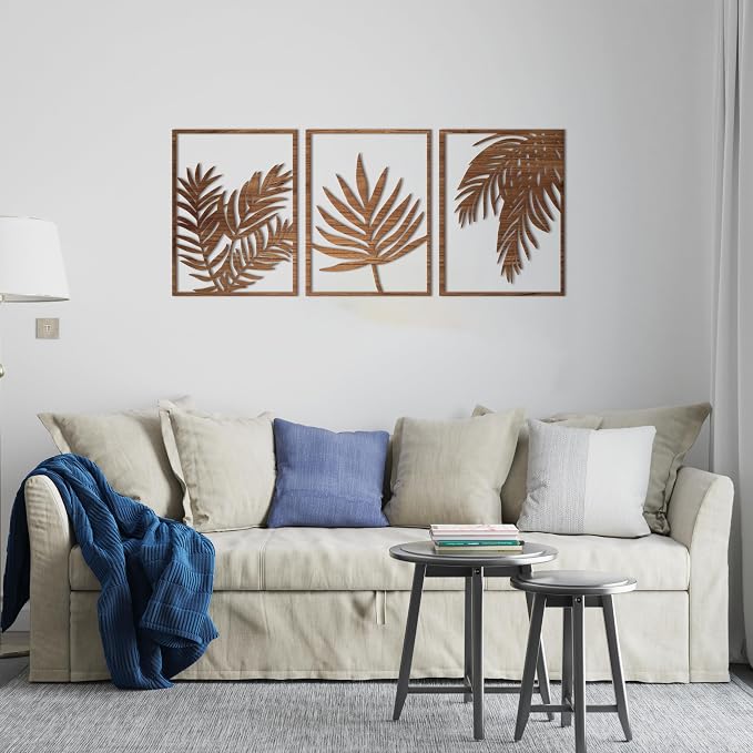 wall art, wooden living room panel with a tropical leaf design, brown color, 60 x 40 cm, set of 3 pieces