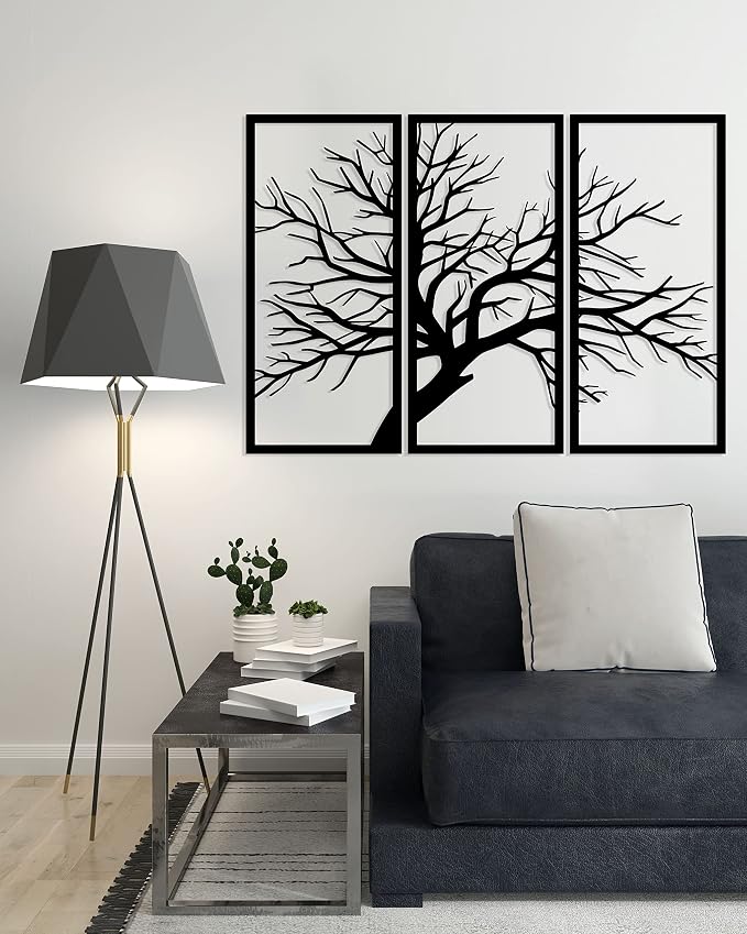 Wooden wall art with a tree design, 3 panels, 80cm x 1.30m