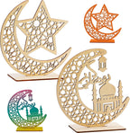 HOWAF 2 Sets Eid Mubarak Wooden Ornament Ramadan Kareem Hollow Decoration Moon Star Hanging Pendant Happy Eid Wood Tabletop Decor for Home Ramadan Mubarak Eid Decorations