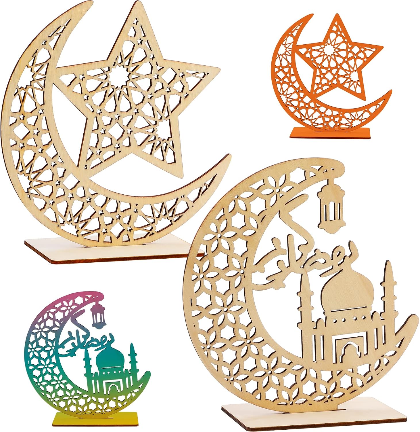 HOWAF 2 Sets Eid Mubarak Wooden Ornament Ramadan Kareem Hollow Decoration Moon Star Hanging Pendant Happy Eid Wood Tabletop Decor for Home Ramadan Mubarak Eid Decorations