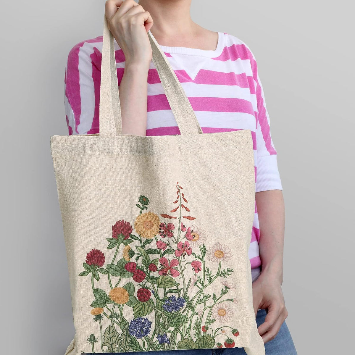 Saintrygo 4 Pieces Canvas Tote Bag Flowers Shopping Bag Beautiful Tote Bag Aesthetic Reusable Grocery Shopping Bag Makeup Bags for Girls Women, clear