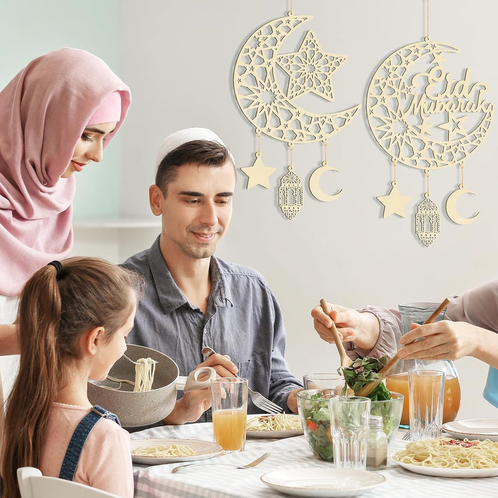 Hinsly 2 Pieces Eid Mubarak Door Sign Wooden Hanging Signs, Ramadan Kareem Hollow Ornament Decorations Moon and Stars, Moon Shape Ramadan Mubarak Party Wood Wall Hanger for Islamic Muslim Home Decor