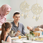 Hinsly 2 Pieces Eid Mubarak Door Sign Wooden Hanging Signs, Ramadan Kareem Hollow Ornament Decorations Moon and Stars, Moon Shape Ramadan Mubarak Party Wood Wall Hanger for Islamic Muslim Home Decor
