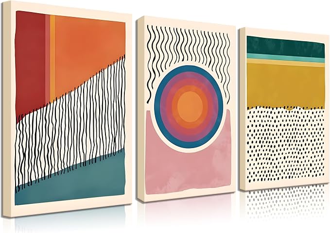 Framed Boho Wall Art Set of 3, Mid-Century Modern Wall Prints Framed Canvas Paintings Abstract Geometric Beige Orange Moon Plant Desert Nature Illustrations Artwork, Minimalist Boho Wall Decor for