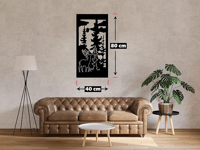 Wooden wall art panel with a deer design, measuring 40x80 cm, black.