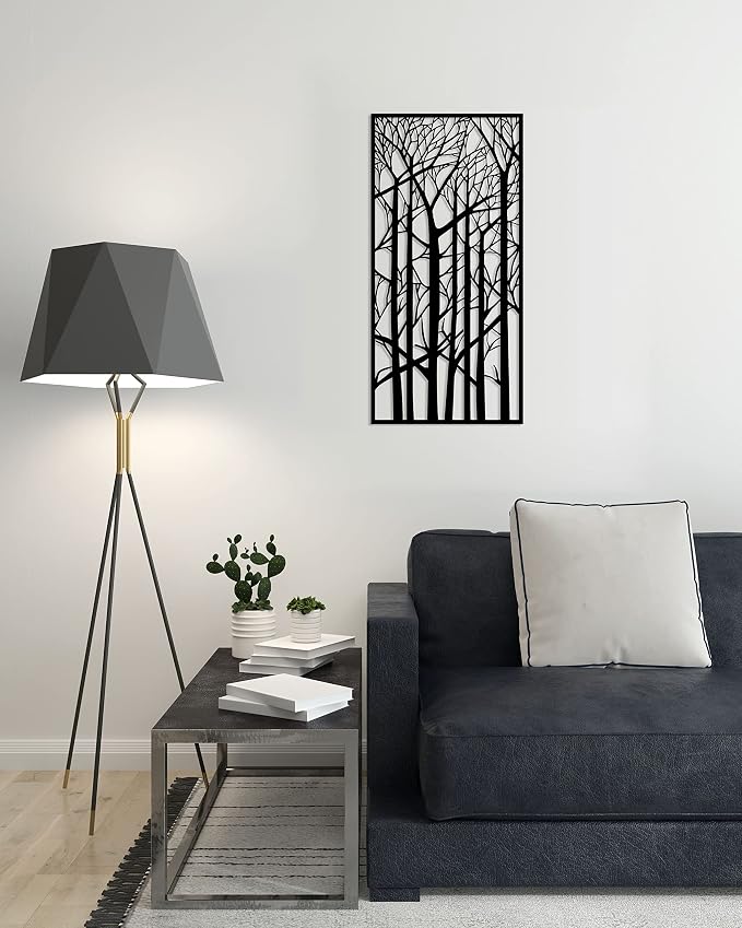 Wooden decorative wall art panel with a winter forest tree design, measuring 80x40 cm