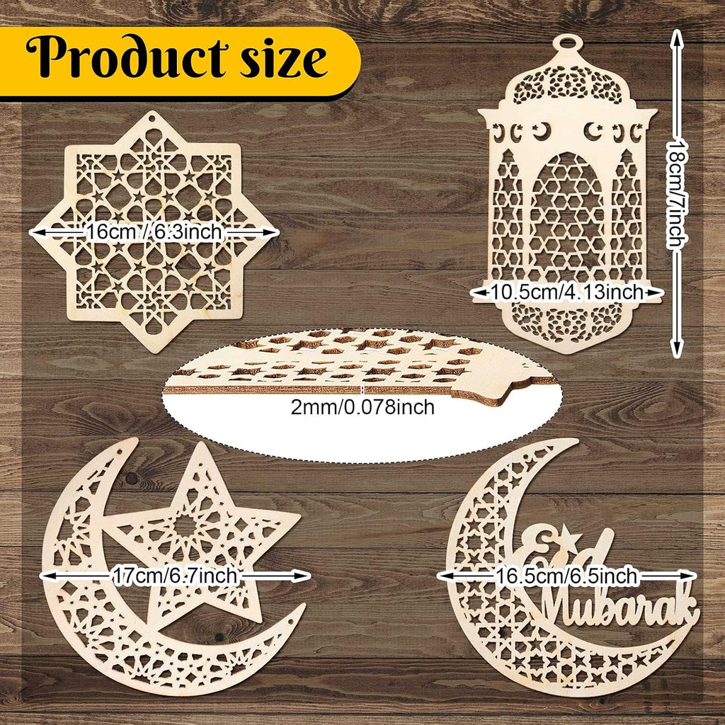 PopManko Ramadan Decorations - Wooden Pendant Eid Mubarak Hanging Moon Star Wind Light Castle Shape Ornament