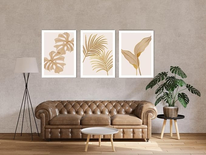 Canvas wall art, framed abstract portrait of golden leaves, 60 x 40 cm, beige