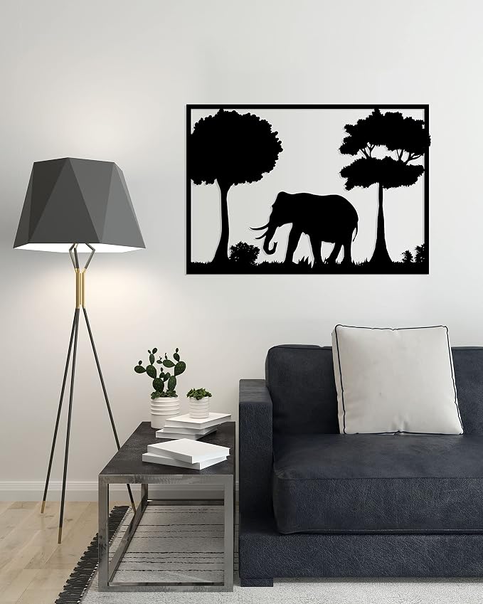 Wooden wall art with an elephant design, 60x80 cm, black