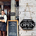 Rustic Wooden Store Open and Closed Business Sign Two Sided Reversible Come In We're Open or Closed Store Hanging Sign for Coffee Bar Shop Door Window, 11.8 x 7.8 Inch (White Boards, Black Words)