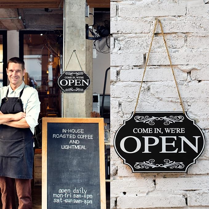 Rustic Wooden Store Open and Closed Business Sign Two Sided Reversible Come In We're Open or Closed Store Hanging Sign for Coffee Bar Shop Door Window, 11.8 x 7.8 Inch (White Boards, Black Words)