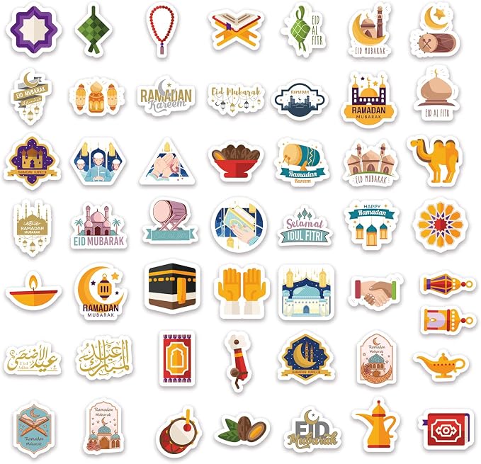 DoneJPee 100 Pcs Ramadan & Eid Stickers, Glossy Vinyl, Tan, Colorful, Waterproof, Round, Indoor, Religion, Kids & Adults, Laptop, Skateboard, Scrapbook, Home Decorations, Gift Bags