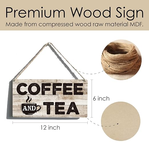Funny Kitchen Signs Gift Farmhouse Coffee and Tea Wooden Hanging Sign Rustic Wall Art Home Coffee Bar Decoration 12 x 6 Inches