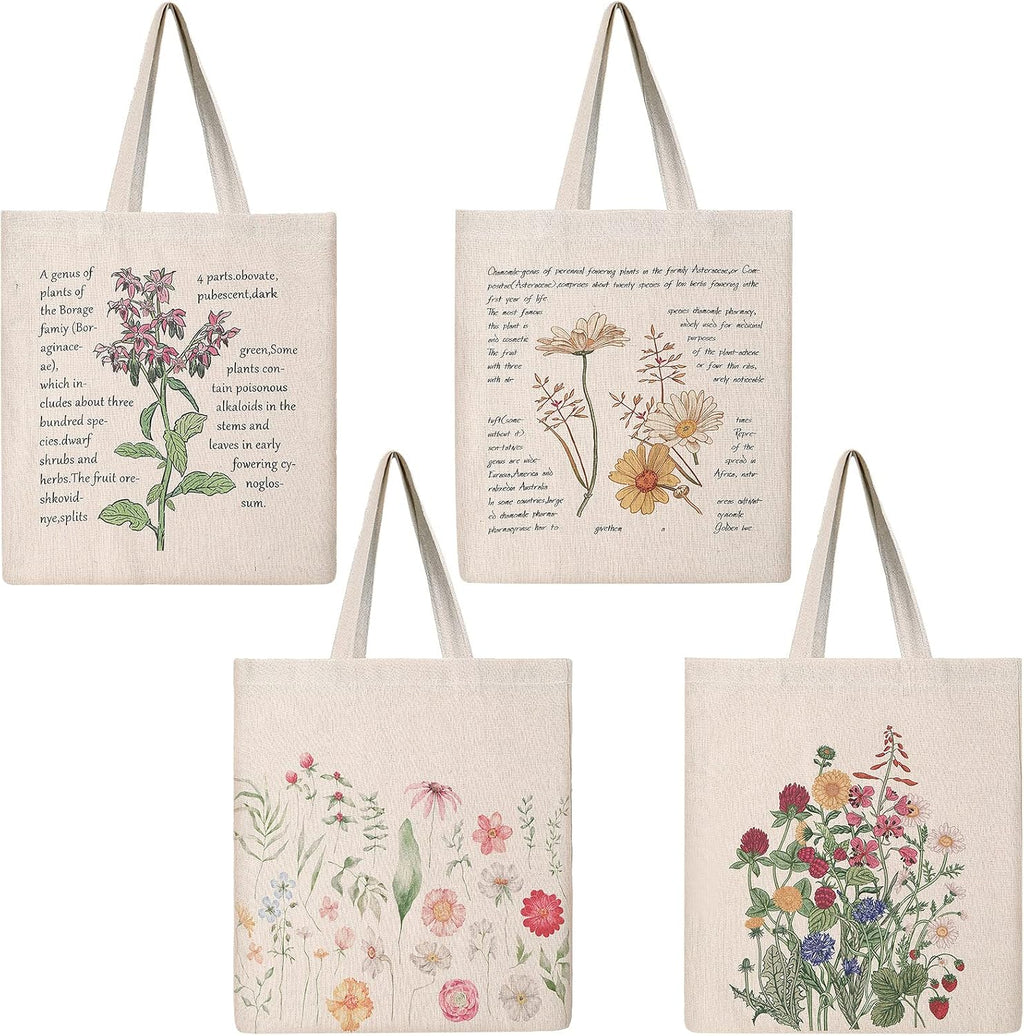 Saintrygo 4 Pieces Canvas Tote Bag Flowers Shopping Bag Beautiful Tote Bag Aesthetic Reusable Grocery Shopping Bag Makeup Bags for Girls Women, clear