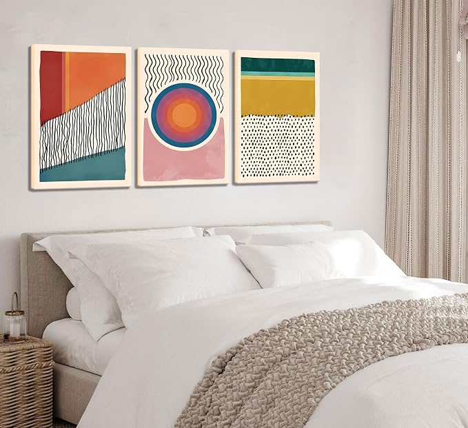 Framed Boho Wall Art Set of 3, Mid-Century Modern Wall Prints Framed Canvas Paintings Abstract Geometric Beige Orange Moon Plant Desert Nature Illustrations Artwork, Minimalist Boho Wall Decor for