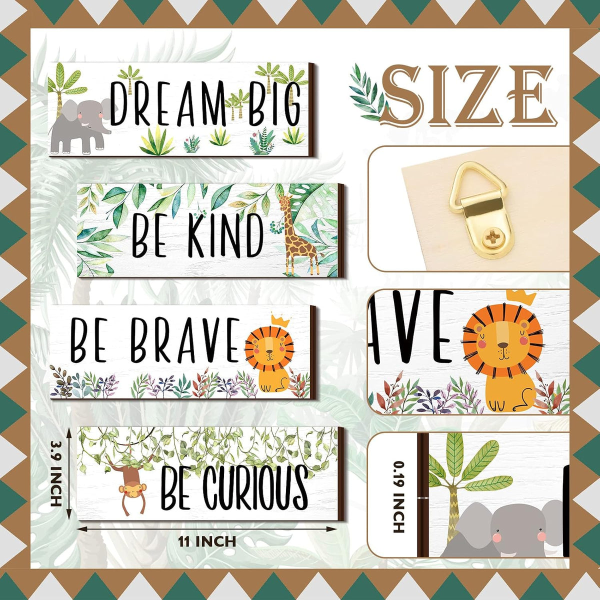 4 Woodland Safari Animal Room Decor for Baby Boy Bedroom - Cute Jungle Nursery Decorations, Toddler Room 11x3.9 Inches (White Background, Lively Animals)