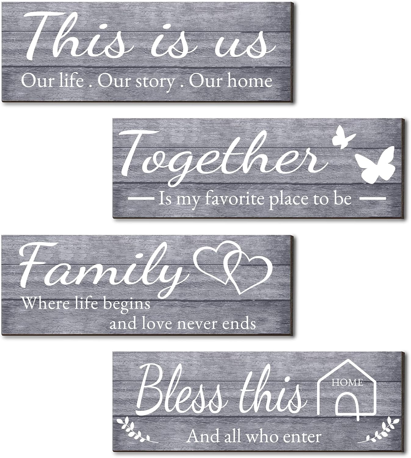 4 قطع من لافتات الحائط للمنزل، تتضمن عبارات: THIS IS US/TOGETHER/BLESS THIS HOME/FAMILY ديكور حائط لغرفة المعيشة وغرفة النوم، فن جداري خشبي ريفي على طراز المزرعة، مقاس 4.7 × 13.8 بوصة