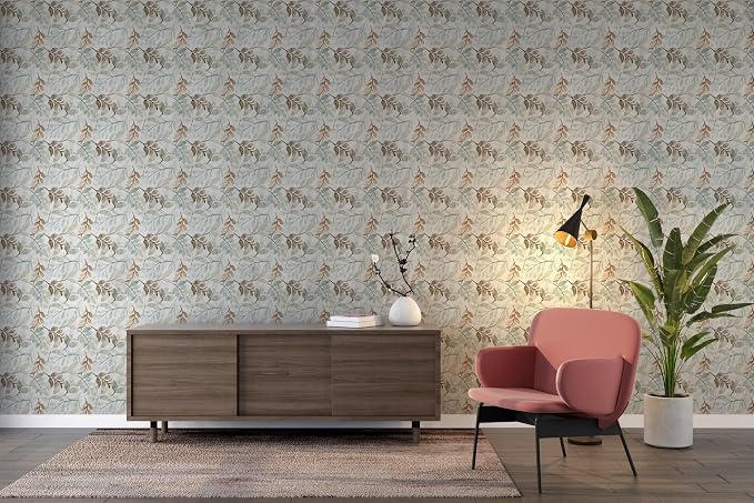 leaf-patterned fabric wallpaper covering an area of up to 4.2m x 3m, includes adhesive and smoothing tool.