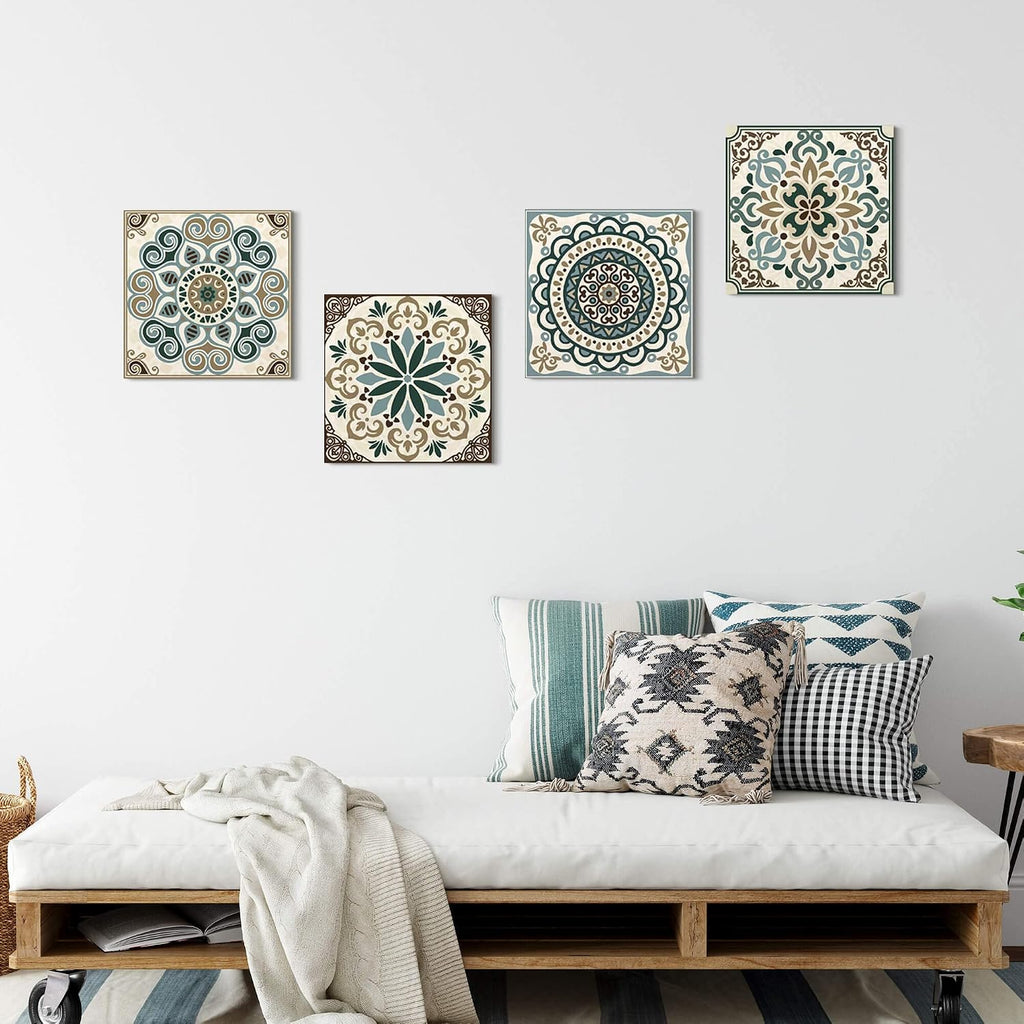 double trees Mandala Canvas Wall Art Bedroom: Living Room Bathroom Vintage Flower Giclee Print Modern Abstract Boho Pattern Painting Picture 4 Piece 12x12 Aesthetic Brown Artwork Ready to Hang