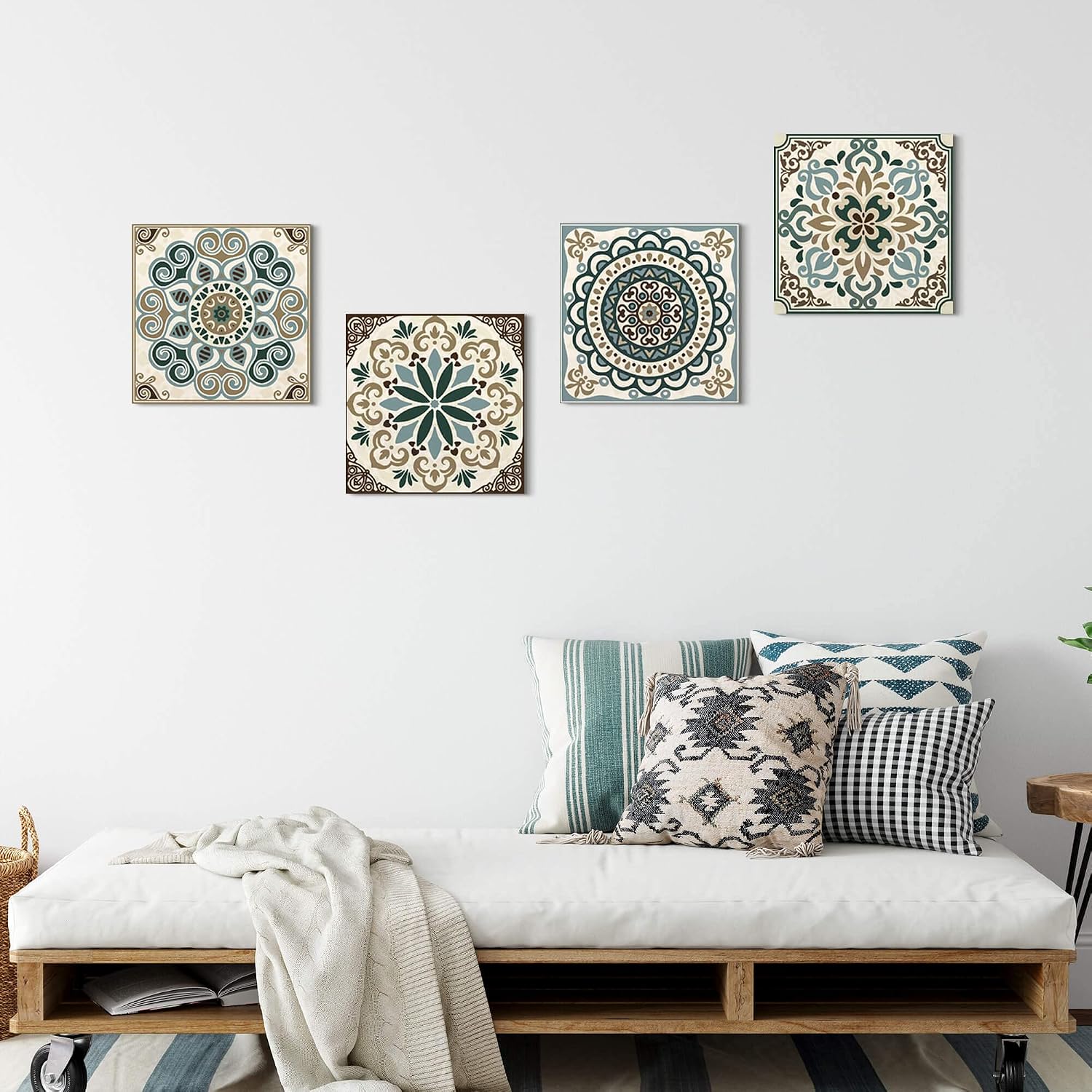 double trees Mandala Canvas Wall Art Bedroom: Living Room Bathroom Vintage Flower Giclee Print Modern Abstract Boho Pattern Painting Picture 4 Piece 12x12 Aesthetic Brown Artwork Ready to Hang