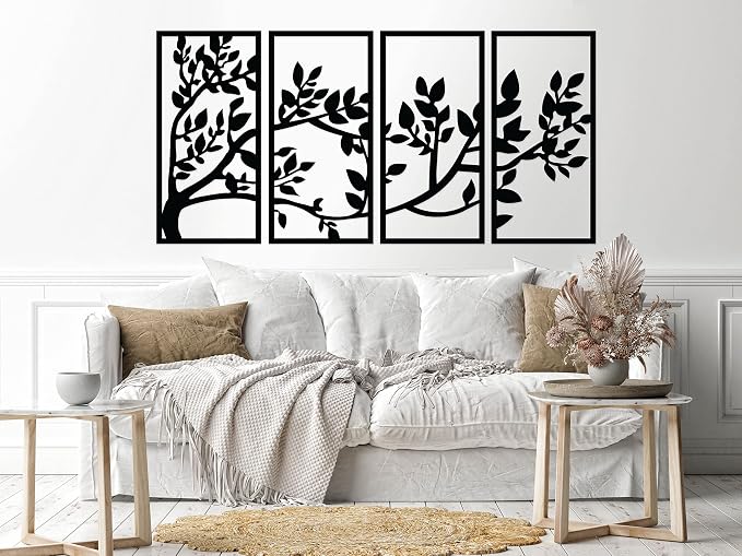 wall art, wooden tree design frames for living room, brown color, 140 x 80 cm, set of 4 pieces