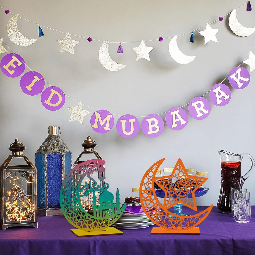 HOWAF 2 Sets Eid Mubarak Wooden Ornament Ramadan Kareem Hollow Decoration Moon Star Hanging Pendant Happy Eid Wood Tabletop Decor for Home Ramadan Mubarak Eid Decorations
