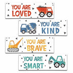4 Pieces Construction Vehicles Decor Kids Room Wall Decor Wooden Sign - Motivational Wall Art For Kids Room Nursery Playroom Classroom - You Are Loved You Are Brave You Are Kind You Are Smart(Sign-01)
