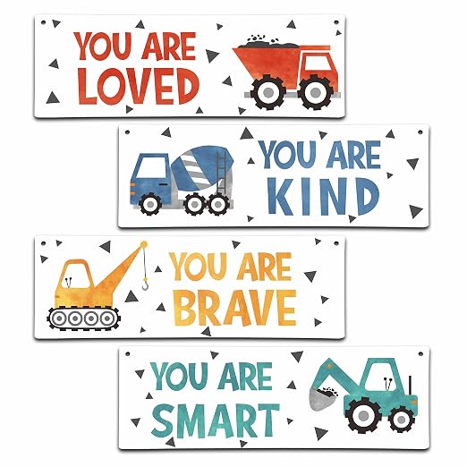 4 Pieces Construction Vehicles Decor Kids Room Wall Decor Wooden Sign - Motivational Wall Art For Kids Room Nursery Playroom Classroom - You Are Loved You Are Brave You Are Kind You Are Smart(Sign-01)