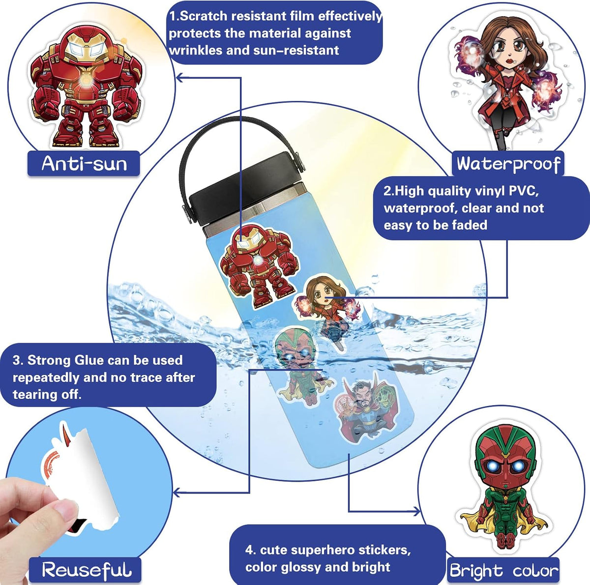 Cute Superhero Stickers for Water Bottle, 130pcs Waterproof Stickers for Kids Teens Adults, Comic Legends Vinyl Stickers Pack for Skateboard Laptop Luggage Party Supplies Decals