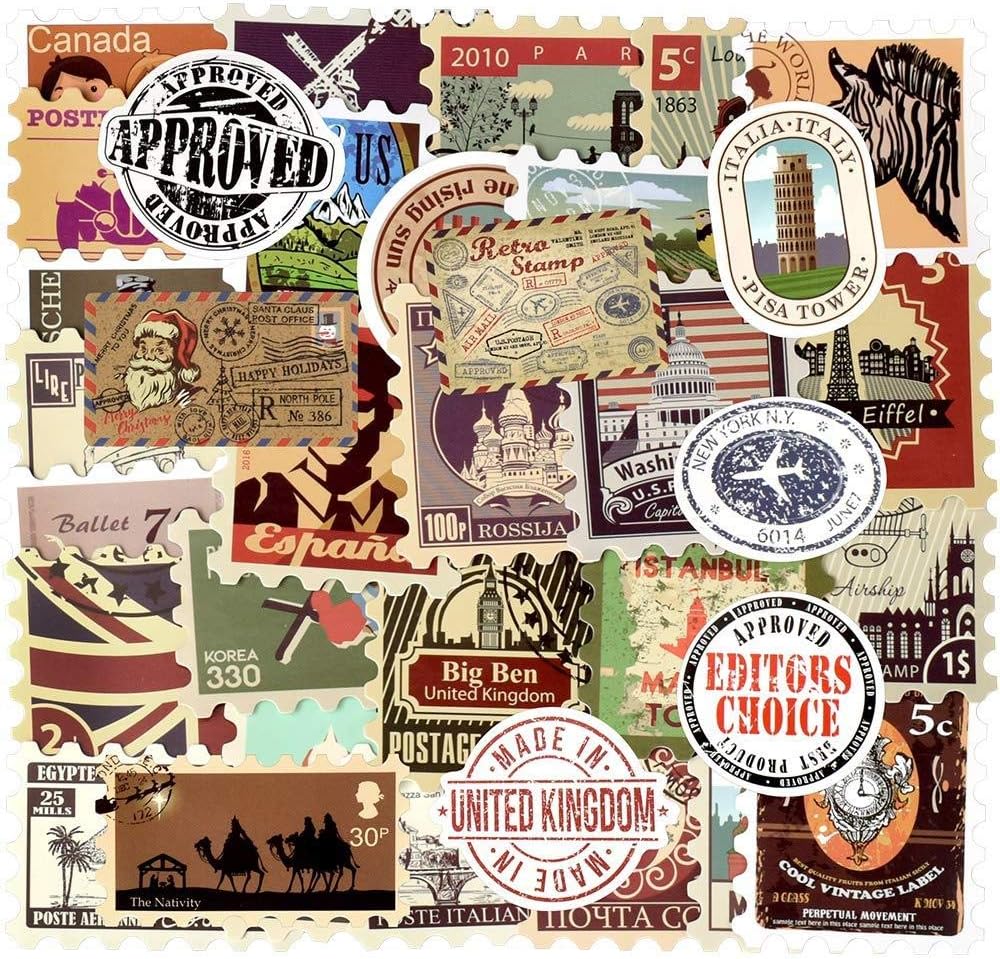 Vinyl Vintage Stamp Stickers Retro Travel Stickers 50 Pcs Suitcase Sticker Pack Decals for Suitcase Laptop Car Luggage Water Bottle